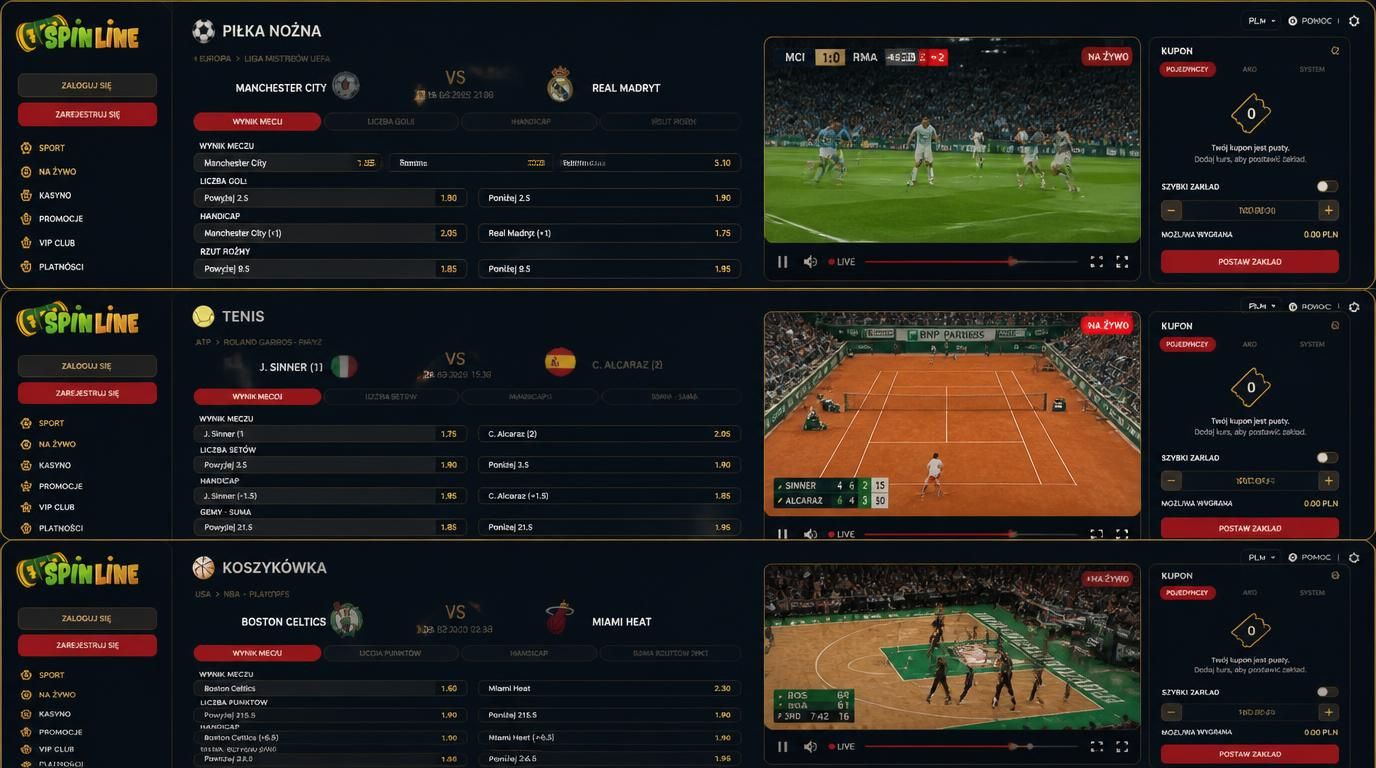 ekran zakładów sportowych i live w Spinline Casino z typami