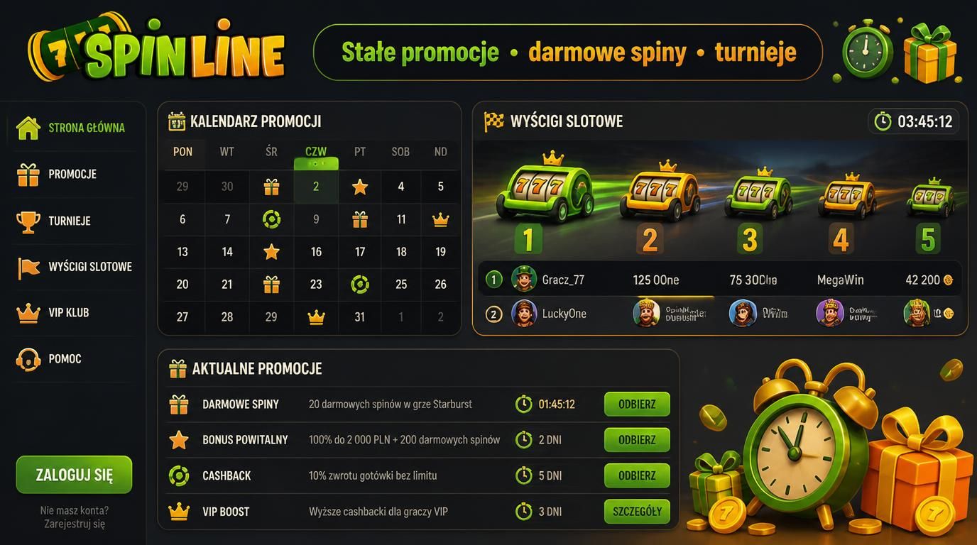 Stałe promocje: turnieje, darmowe spiny i promocje tygodniowe.