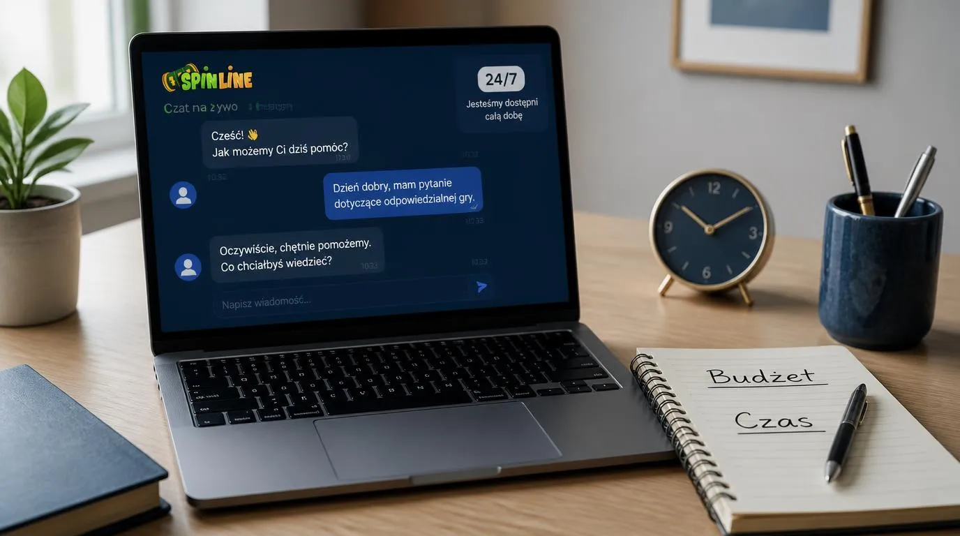 Laptop z oknem czatu wsparcia 24/7 oraz notes z zapisanym budżetem i czasem przeznaczonym na rozrywkę