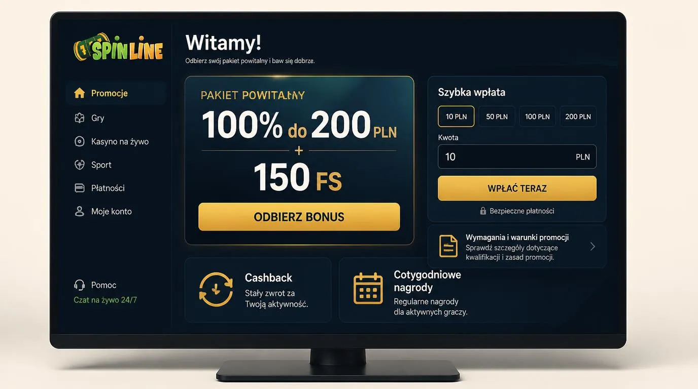 Panel oferty powitalnej 100% do 200 PLN i 150 FS obok pola minimalnego depozytu 10 PLN